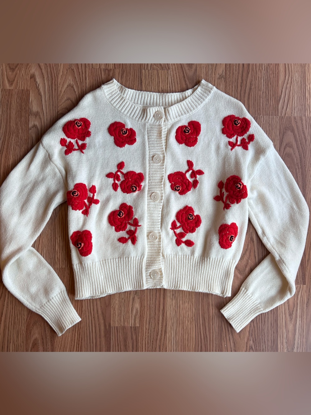 Francesca's Collections Cream Cardigan with Red Floral Embroidery